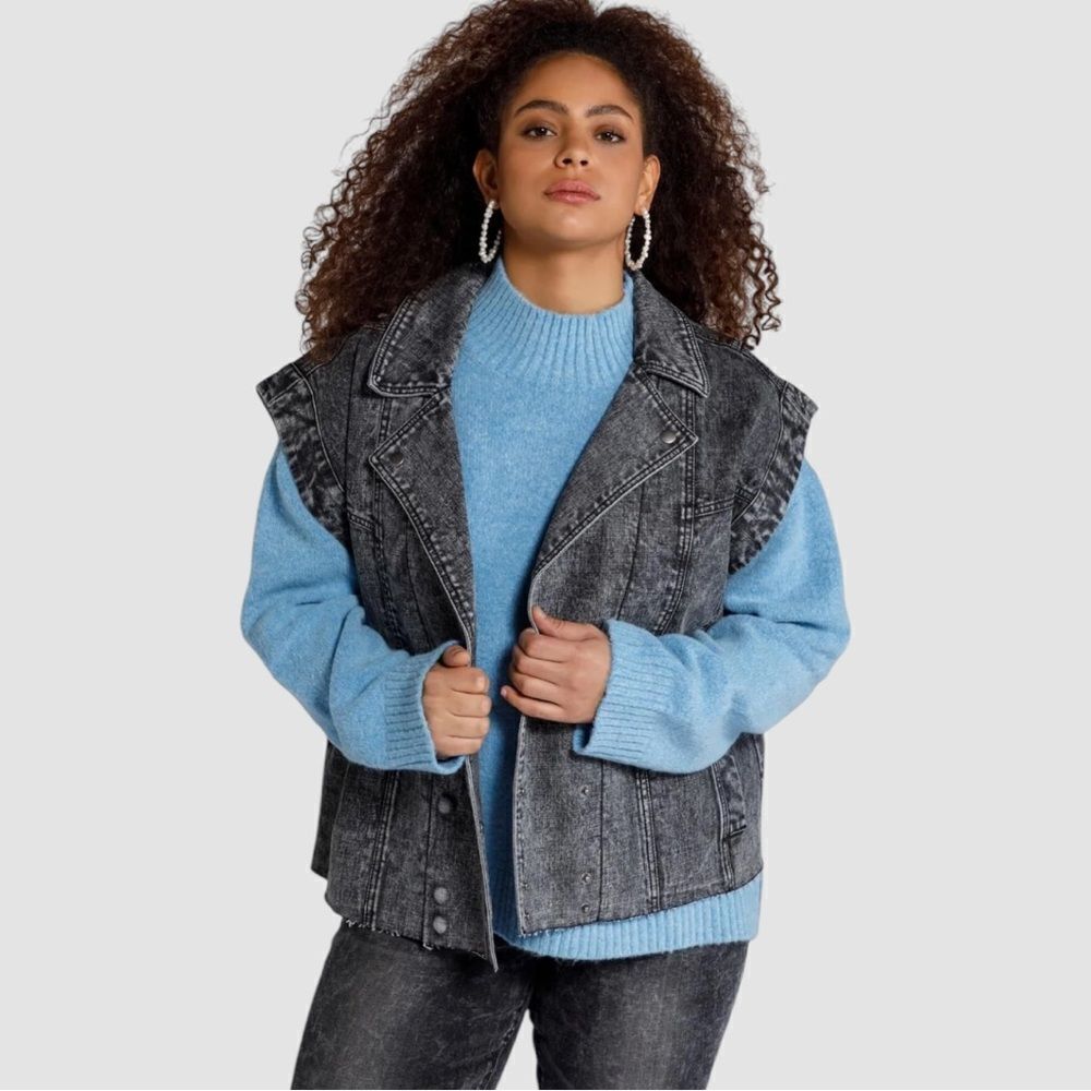 Ulla Popken Studio Untold Grey Fringed Double Button Placket Denim Vest, 24/26